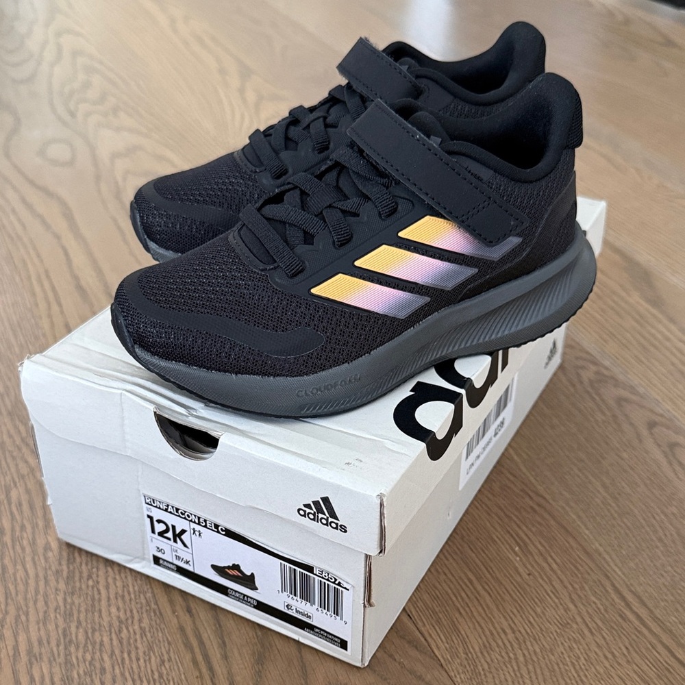 Adidas Runfalcon Kids Sneakers - Black with Gold and Pink Accents - Size 12K